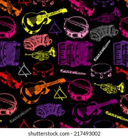 Decorative wall paper classical musical instruments background seamless pattern with drum trumpet guitar color sketch vector illustration