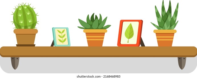 Decorative wall shelf with succulents pots and picture frame