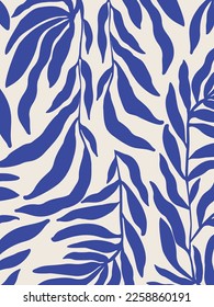 Decorative wallpaper with branches in blue tone. Delicate, cobalt blue pattern with botanical elements. Nature-inspired poster for accent wall. Wall decor and mural for nursery. Twigs background.