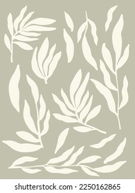 Decorative wallpaper with branches in gray tone. Delicate, light-toned pattern with botanical elements. Nature-inspired poster for accent wall. Wall decor and mural for nursery. Twigs background.