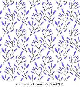 Decorative wallpaper with branches in purple colors. Delicate pattern with botanical elements. Vector illustration drawn by hand in simple Scandinavian doodle cartoon style. Background of branches.