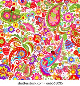 Decorative wallpaper with colorful ethnic flowers and paisley pattern