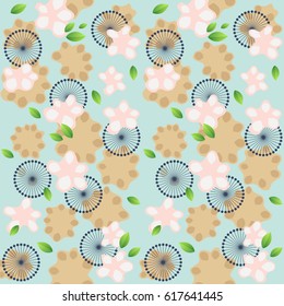 Decorative wallpaper, fabric design with geometric elements surrounded by green leaves and pink, yellow flowers. Vector pattern