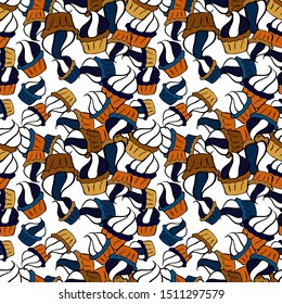 Decorative wallpaper, good for printing. Romantic ornament, backdrop design. Colorful background vector with collection of confectionery. Seamless cupcakes hand drawn seamless pattern.