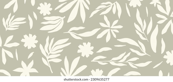 Decorative wallpaper in gray tone with leaves. Delicate, light-toned seamless pattern with botanical elements. Nature-inspired poster background for accent wall. Wall decor for mural or nursery