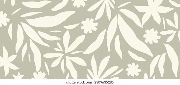 Decorative wallpaper in gray tone with leaves. Delicate, light-toned seamless pattern with botanical elements. Nature-inspired poster background for accent wall. Wall decor for mural or nursery