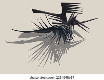 Decorative wallpaper poster mural of an abstract surreal illustration of an ancient scary dragon-like bird-ish black creature on beige background with shadow