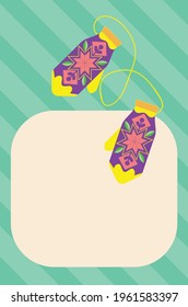 Decorative warm winter mittens with colorful ornament retro card design.
