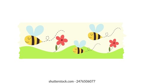 Decorative washi tape with cute honey bee insects design flying over meadow vector illustration