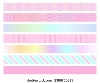 Decorative washi tape romantic cute blue pink flat set. Horizontal seamless pattern ribbon line marshmallow pastel wave dot grid geometric gift baby valentine day birthday festive party isolated