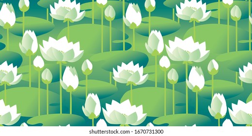 Decorative water lily seamless pattern for background, wrap, fabric, textile, wrap, surface, web and print design. Green and white lotus blossom motif for card, header, invitation, poster.
