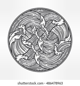 Decorative water waves forming a circle. Isolated vector illustration.