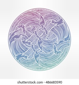 Decorative water waves forming a circle. Isolated vector illustration.