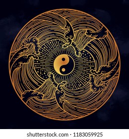 Decorative water waves with symbol.