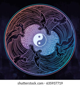Decorative water waves with symbol of harmony of male and female energy forming a circle. Isolated vector illustration.Spiritual art for tattoo, boho.Use for print, posters, t-shirts textiles.

