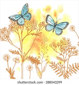 Decorative watercolor background with grass and butterflies. Hand painting. Illustration for greeting cards, invitations, and other printing projects.