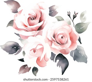 decorative watercolor flowers. floral illustration vector Leaf and buds. Botanic composition for wedding or greeting card.  branch of flowers - abstraction roses, romantic
