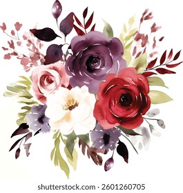decorative watercolor flowers. floral illustration vector Leaf and buds. Botanic composition for wedding or greeting card.  branch of flowers - abstraction roses, romantic
