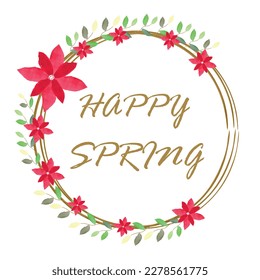  Decorative watercolor frame with red flowers and Happy Spring inscription.Vector illustration.