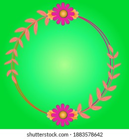 Decorative watercolor leaf and flowers with circle border and green gradient background vector design