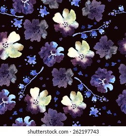 Decorative watercolor seamless pattern with blue flowers. Hand painting. Watercolor. Seamless pattern for fabric, paper and other printing and web projects.