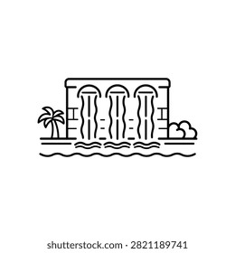 Decorative waterfall wall icon with three water streams, pool waves and tropical plants for water park landscape and aquatic feature
