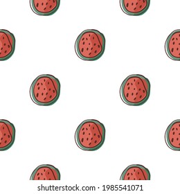 Decorative watermelon half pink silhouettes seamless doodle pattern. Isolated berries funny print. Flat vector print for textile, fabric, giftwrap, wallpapers. Endless illustration.