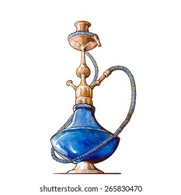 Decorative Waterpipe with blue glass water basin. Traced watercolor sketch with a line drawing in a separate layer above isolated against white background. EPS10 vector illustration. 