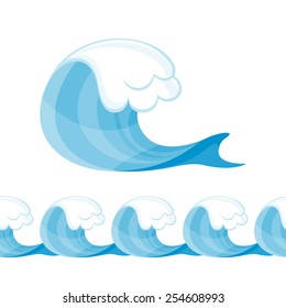 Decorative wave element and seamless horizontal border. Sea ocean ornament.