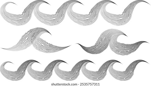 Onda decorativa de líneas. Ondas de estilo asiático. Elemento de diseño de fluido lineal de flujo Abstractas. Ondas en zigzag. Wavy Music suena líneas. Diseño ondulado del ornamento. Arte de la línea en estilo chino. Vector