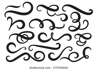 Decorative wavy flourishes set on white background vector illustration. Twisted ornaments, spirals and whirlings for decoration. Calligraphic curly lines