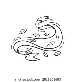A decorative wavy ribbon illustration with floating leaves drawn in a hand sketched artistic doodle style on a plain background