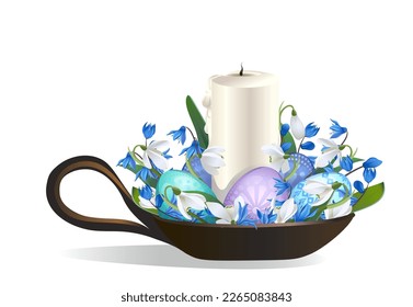 Decorative wax candle in a candlestick with spring white and blue flowers and Easter eggs Easter holiday element