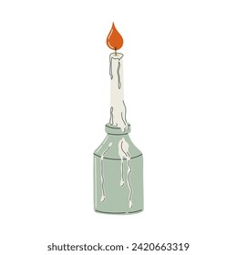 Decorative wax candle for relaxation and comfort. Burning candle in elegant modern candlestick. Hygge, concept of Scandinavian lifestyle. Hand drawn vector illustration.
