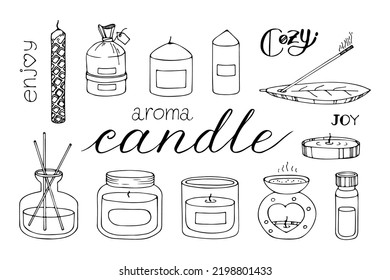 Decorative wax candles for relax and spa. Hand drawn doodle illustration. Line art vector set. Natural plants aroma