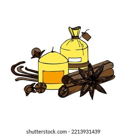 Decorative wax candles for relax and spa. Hand drawn doodle illustration. Line art vector set. Natural plants aroma