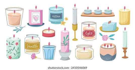 Decorative wax and paraffin candles with different candlesticks. Interior cozy objects, glass jars, ceramic vessels, substrates, vector set.eps
