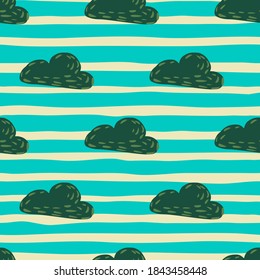 Decorative weather print with green cloud ornament. Seamless pattern. Blue striped background. Perfect for fabric design, textile print, wrapping, cover. Vector illustration.