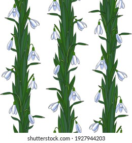 Decorative weaving of snowdrops seamless pattern. Flowers and leaves on white background. 