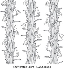 Decorative weaving of snowdrops seamless pattern. Flowers and leaves drawing in line-art. Black and white background.