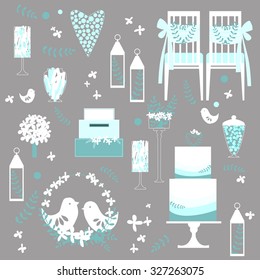 Decorative wedding elements . Chairs, cake, lanterns, birds, flowers. Vector pattern.