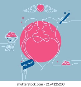 Elementos decorativos de boda, ambientados para la ceremonia de matrimonio decoración gráfica, concepto de empresa de planificación de bodas, pareja feliz en el amor, ilustración vectorial