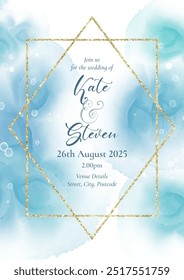 Decorative wedding invitation background with a hand painted alcohol ink design and a glittery gold frame