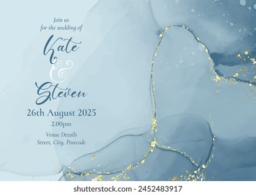 Decorative wedding invitation with hand painted alcohol ink design with gold glitter
