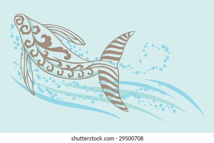 a decorative whale swimming in the sea with bubble and water wave