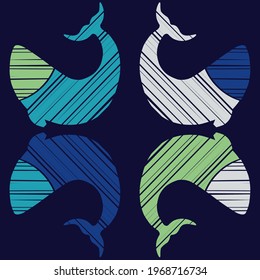 Decorative whales swim in the sea and ocean. Seamless pattern. Marine life. Cute cartoons. Vector illustration for web design or print.