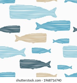 Decorative whales swim in the sea and ocean. Seamless pattern. Marine life. Cute cartoons. Vector illustration for web design or print.