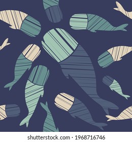 Decorative whales swim in the sea and ocean. Seamless pattern. Marine life. Cute cartoons. Vector illustration for web design or print.