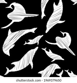 Decorative whales swim in the sea and ocean. Black and white color. Poster and postcard. Marine life. Cute cartoons. Vector illustration for web design or print.