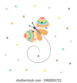 Decorative whimsical vibrant butterfly fly with confetti vector illustration. Scandinavian groovy nursery print design. Colourful summer childish poster.